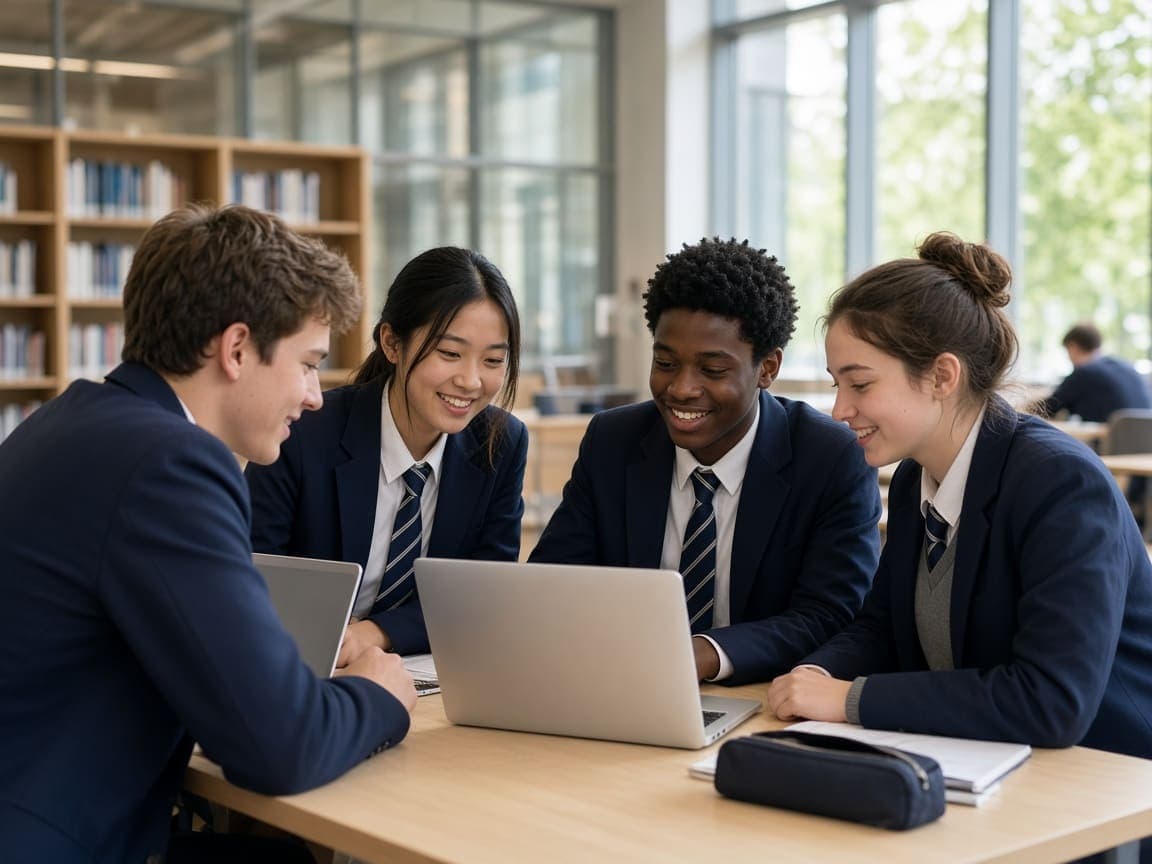Students Students collaborating on research in a school library