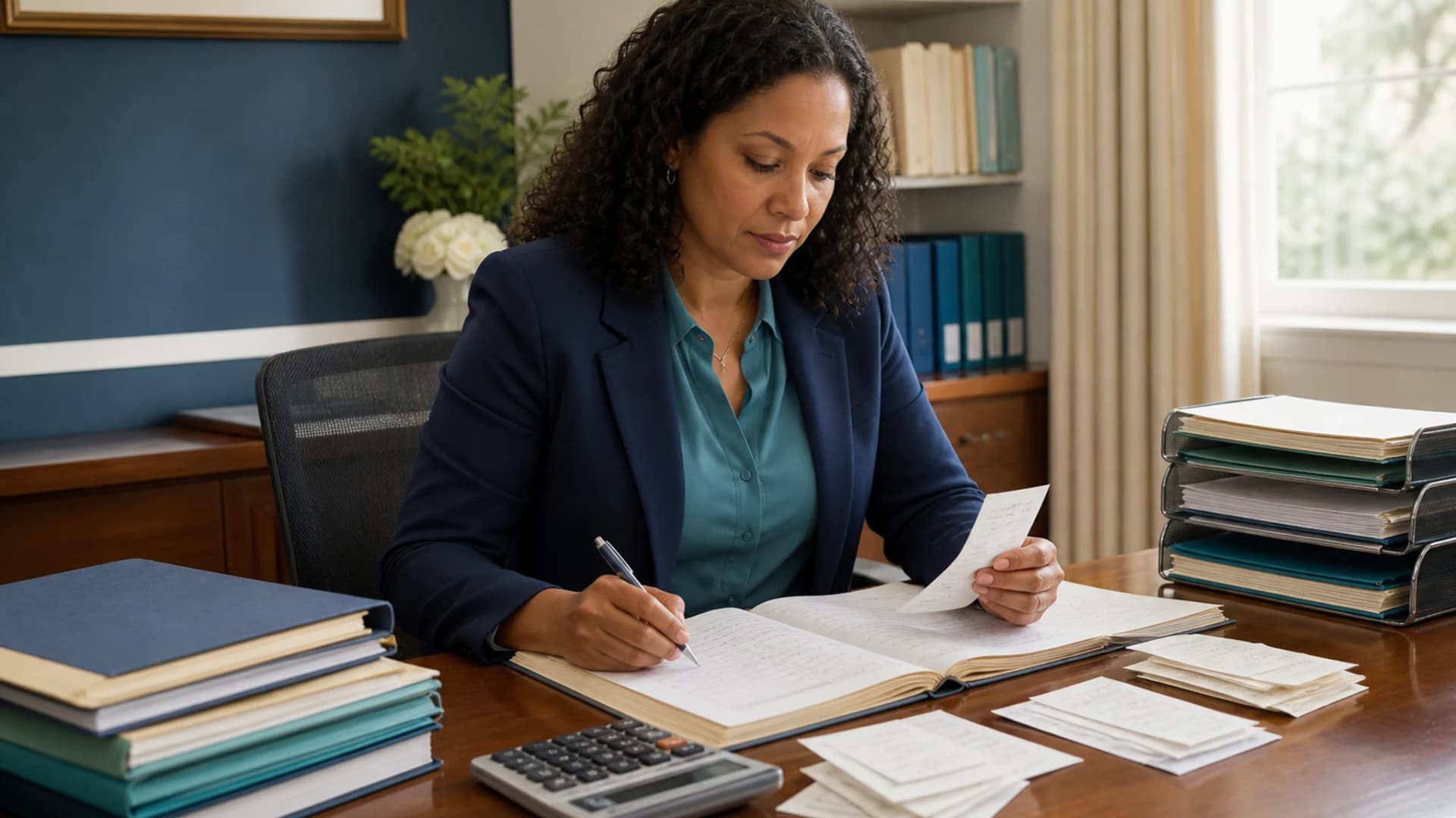 School office and finance teams School bursar reconciling fee receipts and records at an office desk