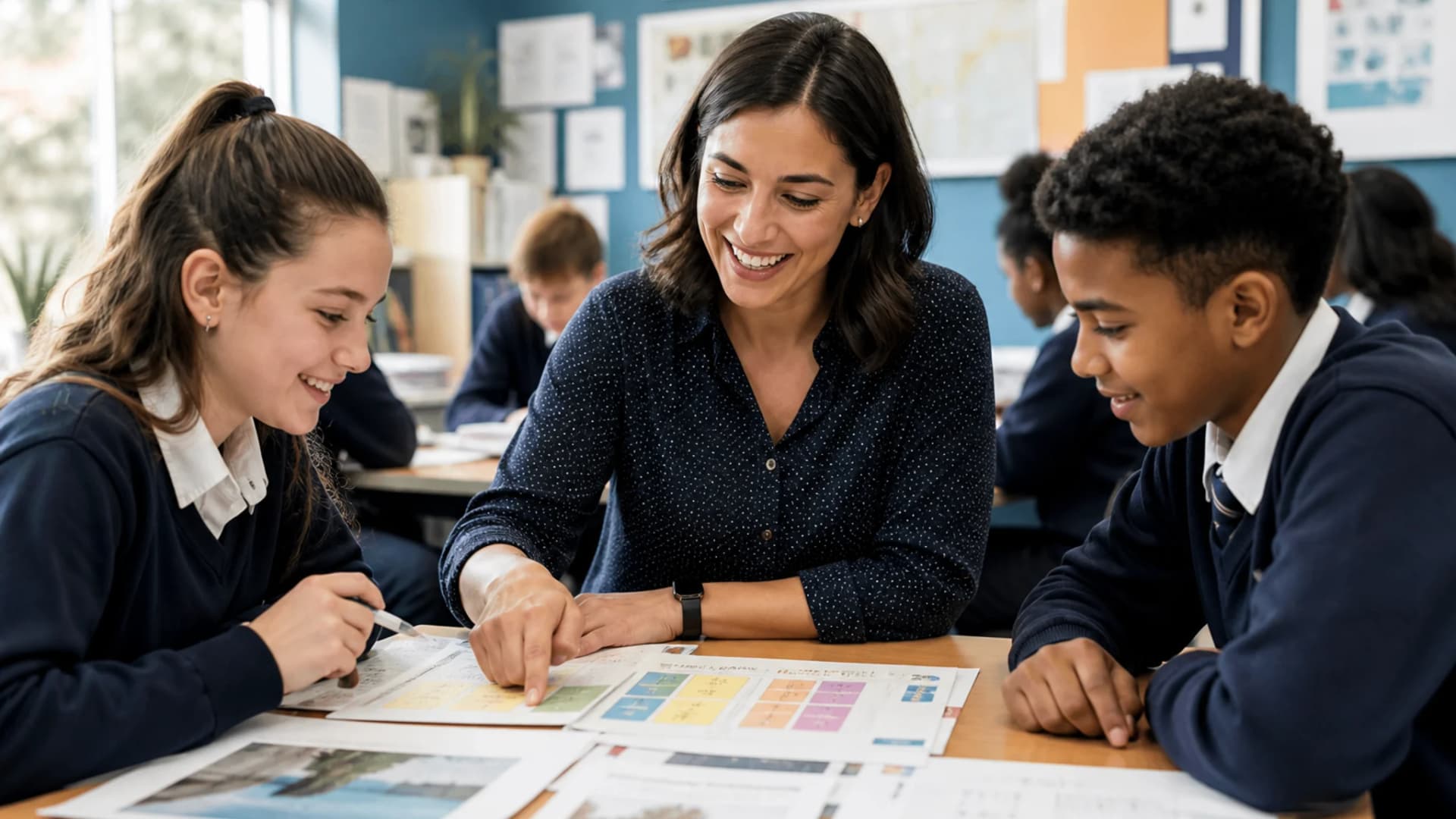 Classroom teachers and timetables Teacher helping students review lesson materials in a classroom