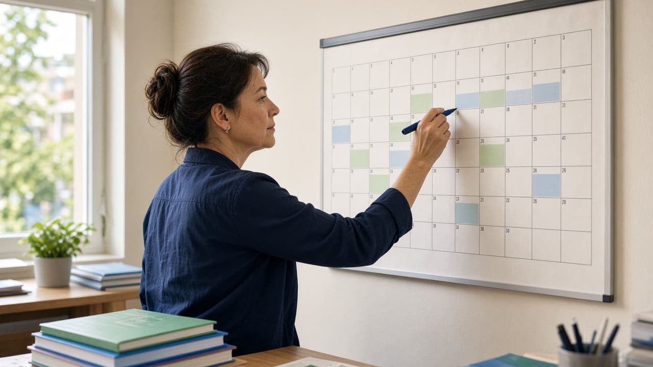 Academic foundation, calendar, terms, and boards Academic coordinator planning term dates and holidays on a wall calendar