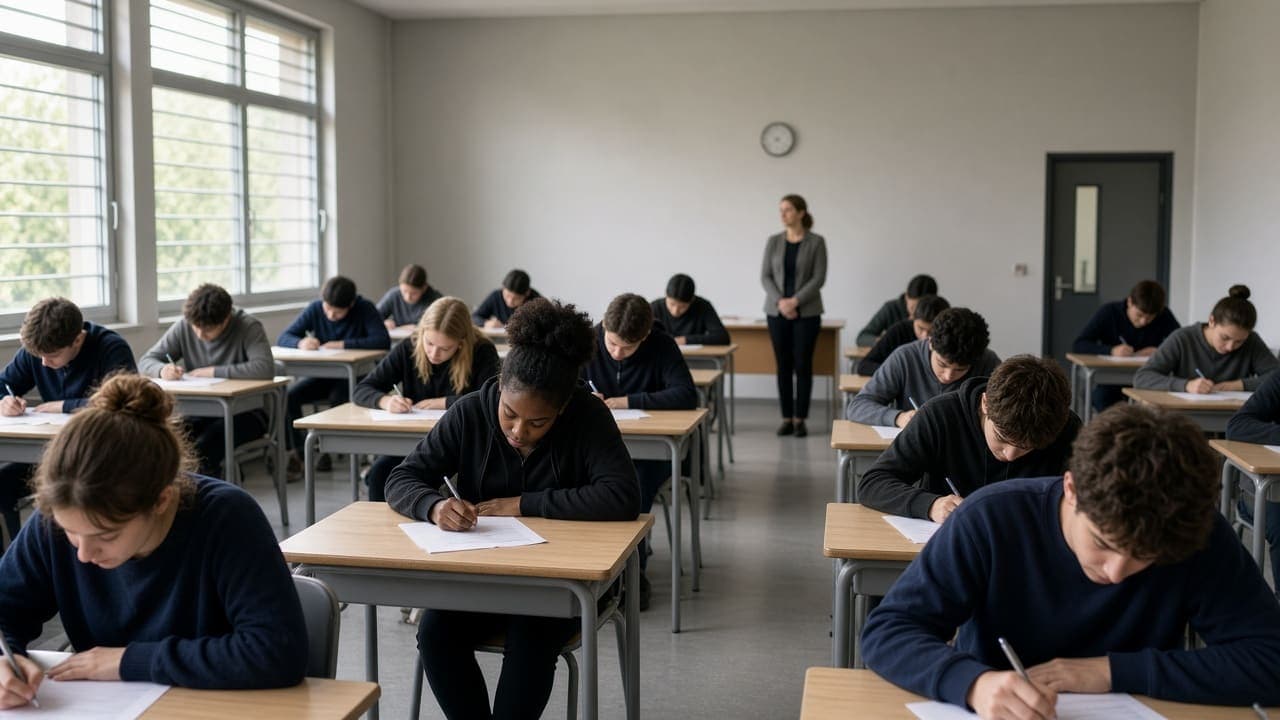 Assessments, exams, gradebook, and report cards Students writing exams in a supervised school hall