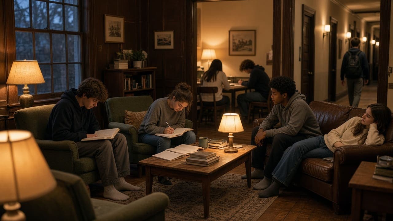 Boarding, houses, rooms, and residential life Boarding school common room with residential students relaxing