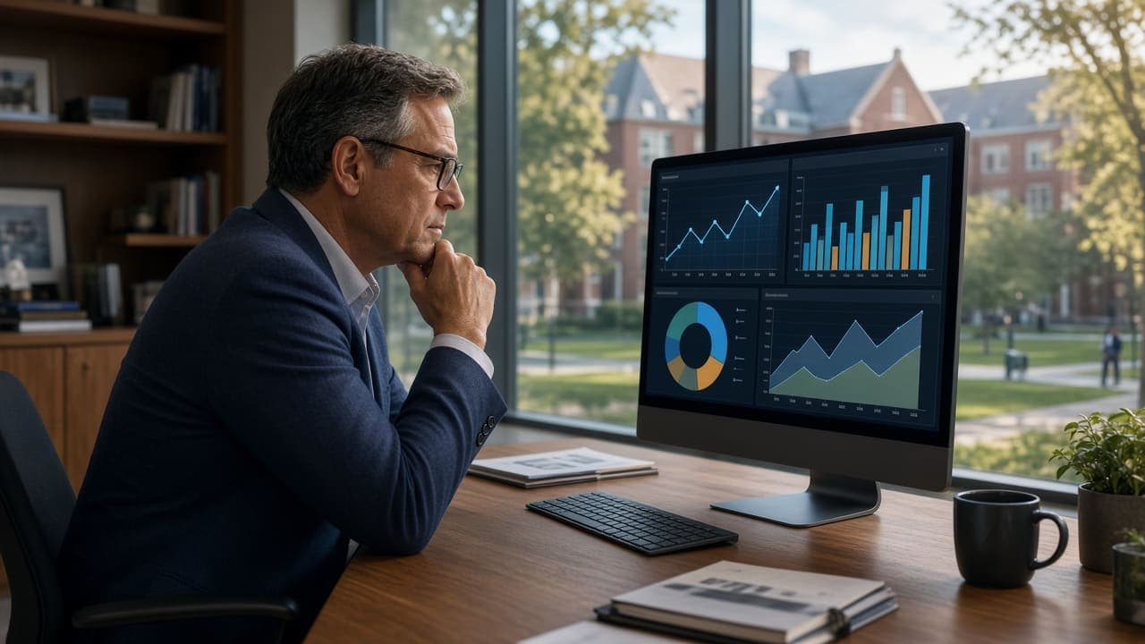 Insights, dashboards, exports, and leadership reports Principal reviewing analytics dashboard and school reports