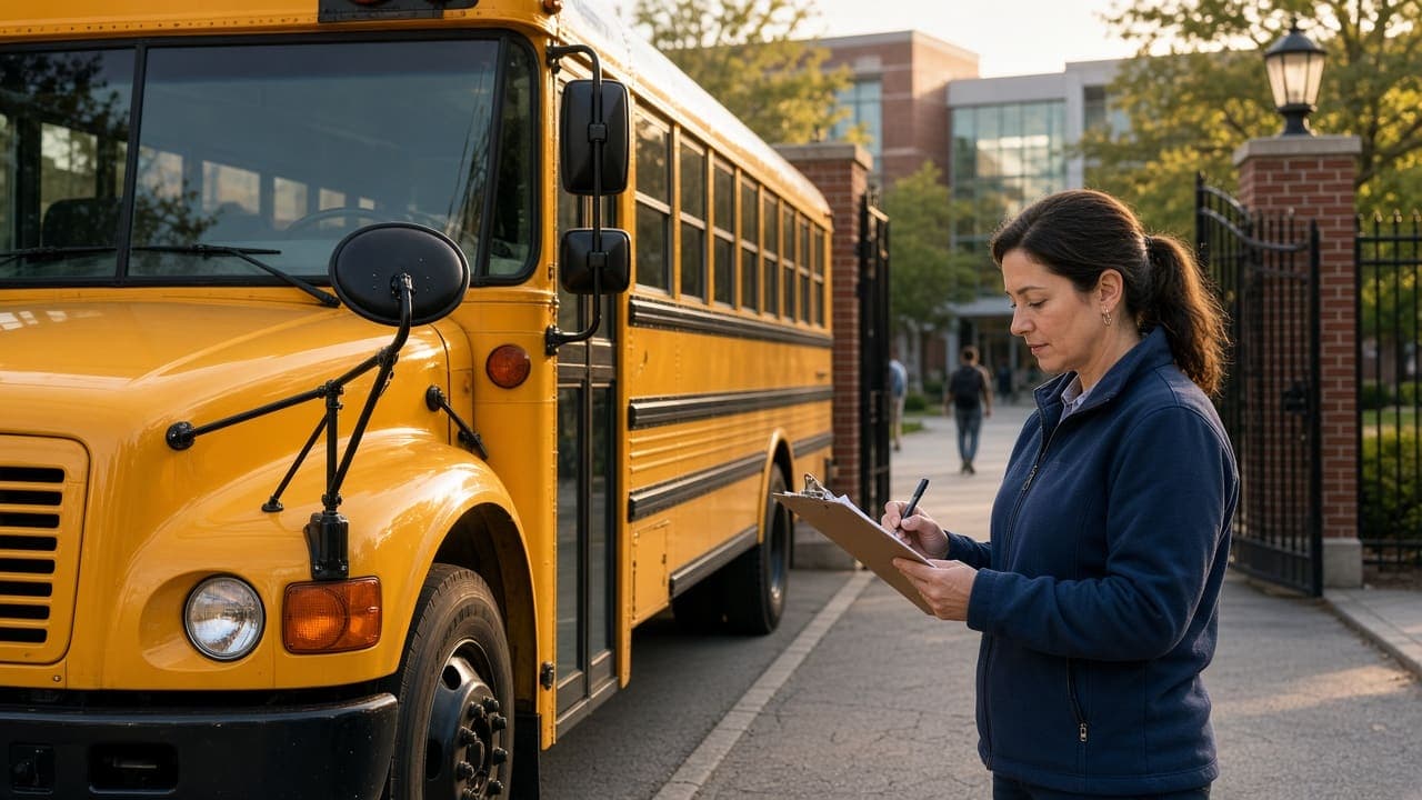 Operations, transport, inventory, and facilities School bus and transport coordinator at campus gate