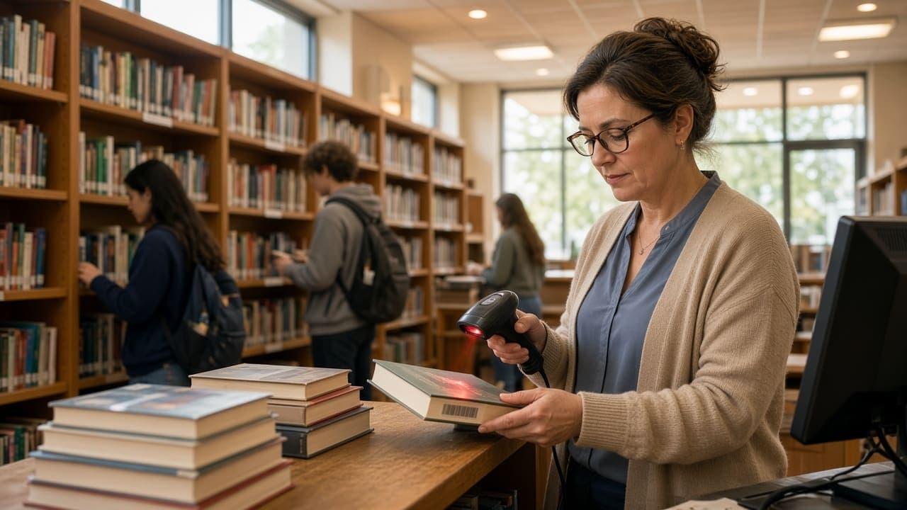 Resources, library, assets, and inventory School library with librarian and students browsing books