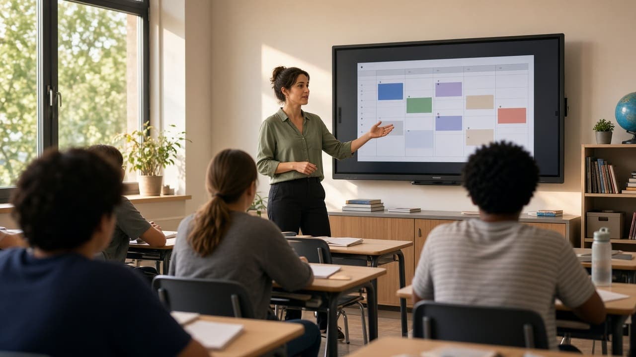 Teaching, timetable, homework, and lesson flow Teacher leading a class with timetable visible on screen
