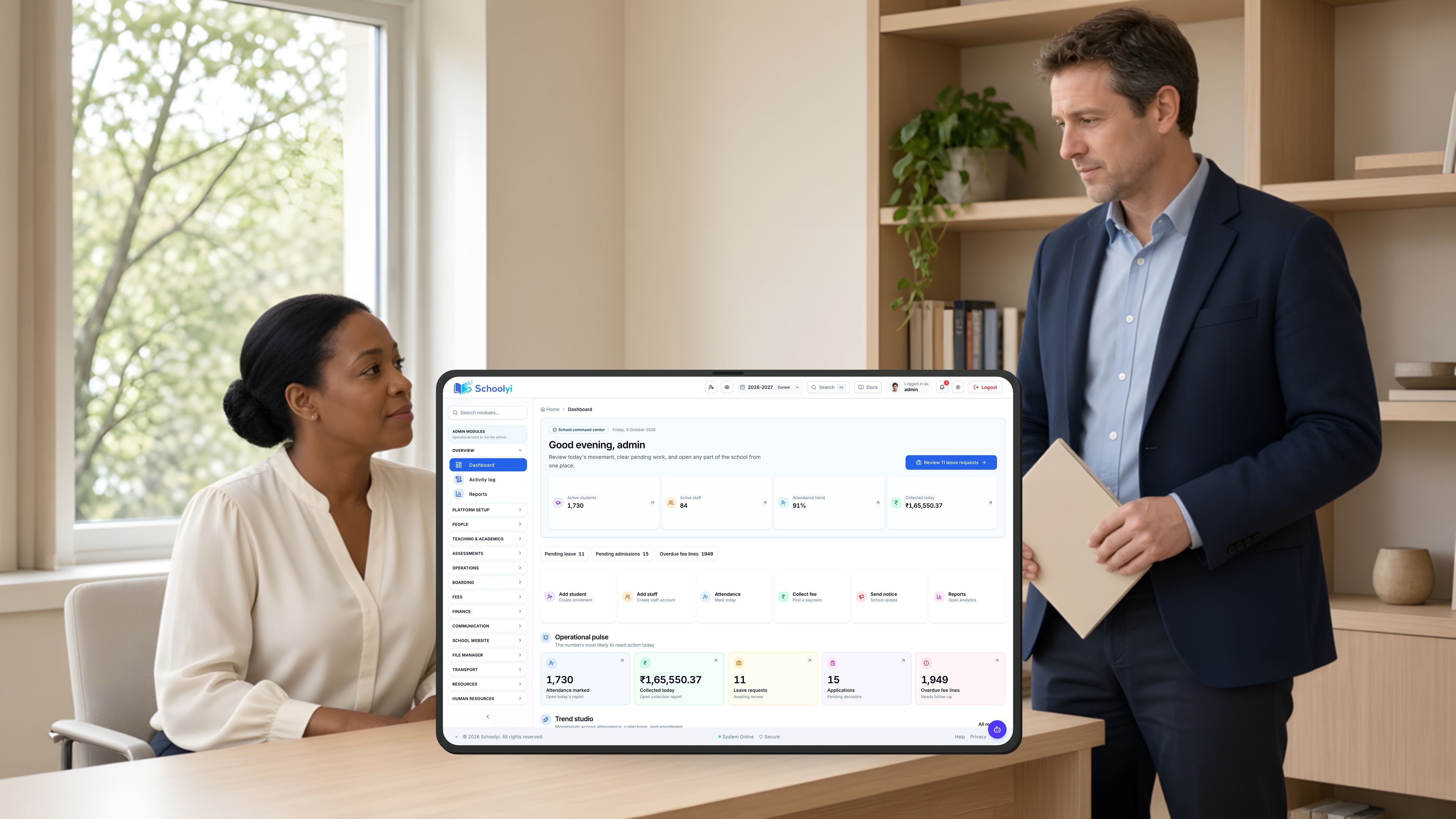 iPad showing the Schoolyi dashboard, in a principal’s office