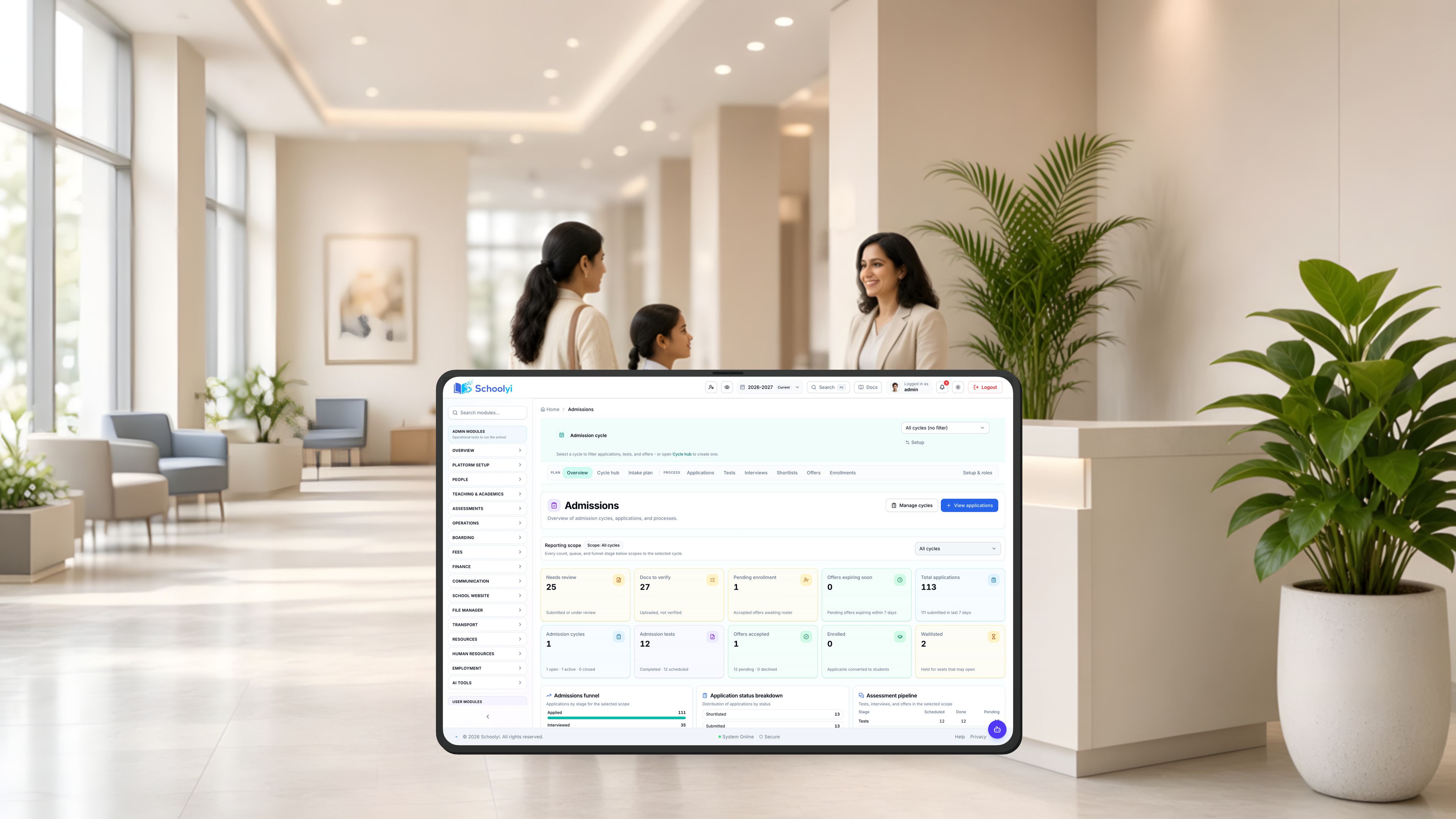 iPad showing admissions, in a school reception